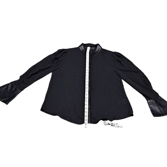 Gracia Black Button-Up Top With Faux Leather Details & Flared Sleeves - Size S - Picture 11 of 12